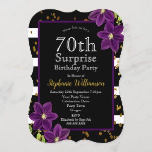 70th Surprise Birthday Party Black and Gold Invitation