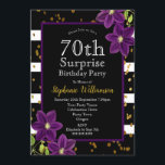 70th Surprise Birthday Party  Black and Gold Invitation<br><div class="desc">70th Surprise Birthday Party| Black and Gold Glitter Design with Purple Floral Detail . This is a template ready for you to add your party details to .</div>