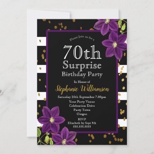 70th Surprise Birthday Party  Black and Gold Invitation