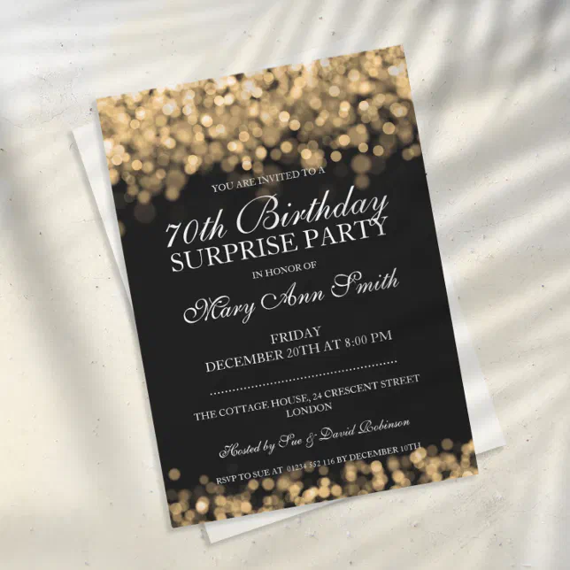 70th Surprise Birthday Party Gold Lights Invitation | Zazzle