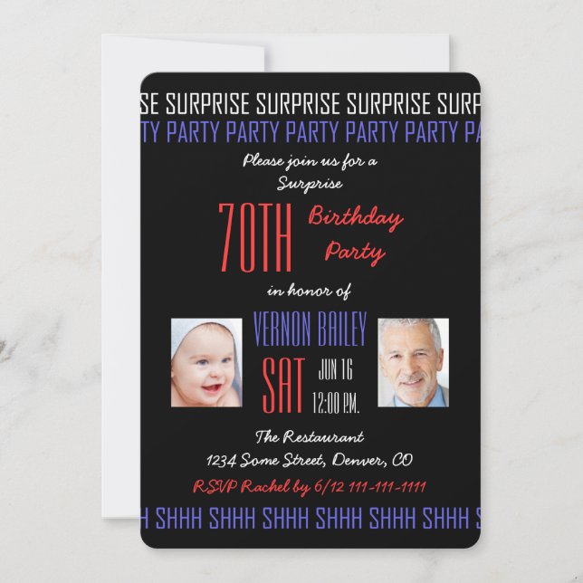 70th Surprise Birthday Party His Photos on Black Invitation (Front)