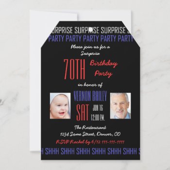 70th Surprise Birthday Party His Photos On Black Invitation by henishouseofpaper at Zazzle