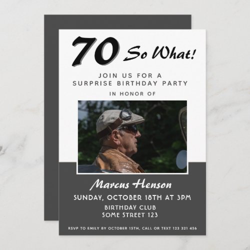 70th Surprise Birthday Party Photo Invitation Card