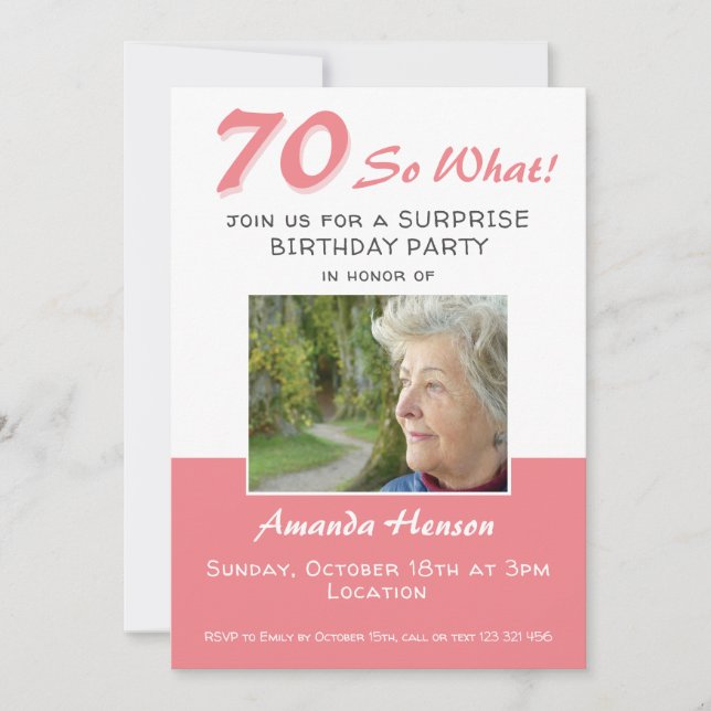 70th Surprise Birthday Party Photo Invitation Card (Front)