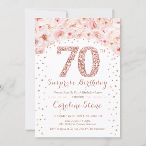 70th Surprise Birthday Party _ White Rose Gold Invitation