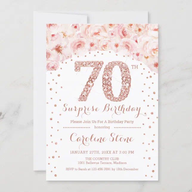 70th Surprise Birthday Party - White Rose Gold Invitation | Zazzle