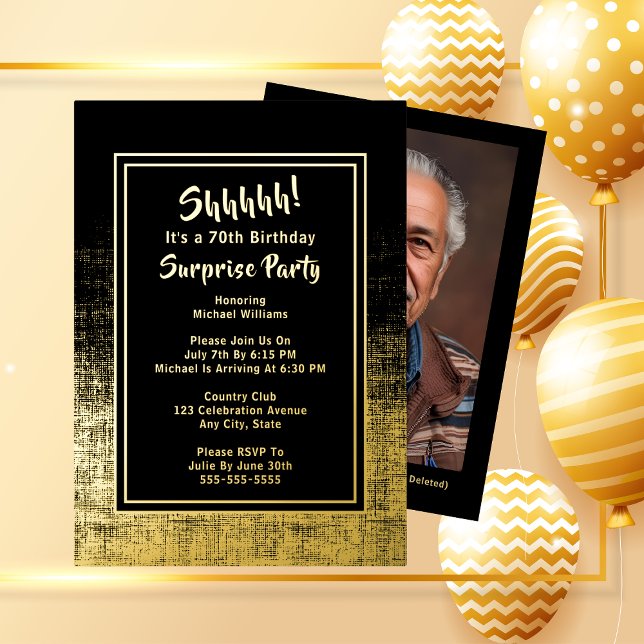 70th Surprise Birthday Photo on Back Black & Gold Foil Invitation (Creator Uploaded)