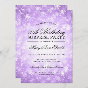 70th Surprise Birthday Purple Winter Wonderland Invitation