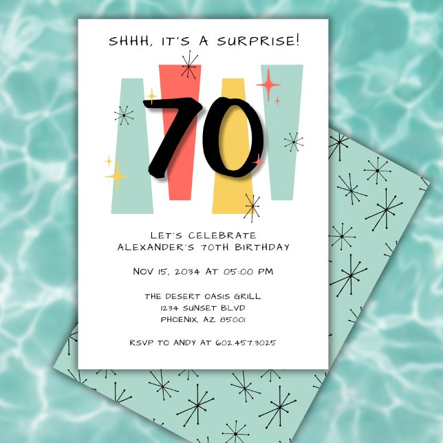 70th Surprise Birthday Retro Midcentury Modern Invitation (Creator Uploaded)