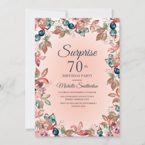 70th Surprise Birthday Women Pink Teal Floral Invitation