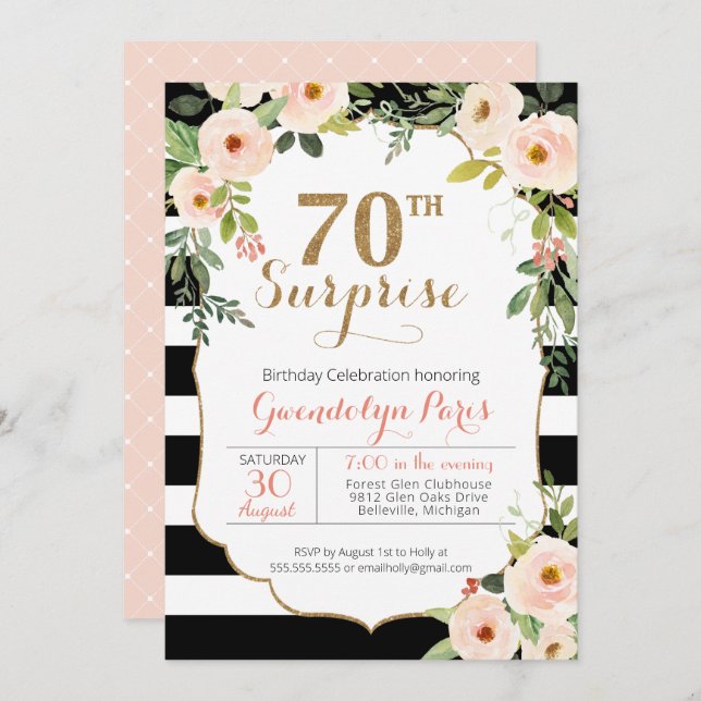 70th Surprise Black White Stripe Floral Birthday Invitation (Front/Back)