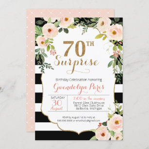 70th Surprise Black White Stripe Floral Birthday Invitation