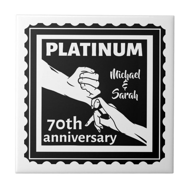 70th wedding anniversary blue platinum traditional ceramic tile (Front)
