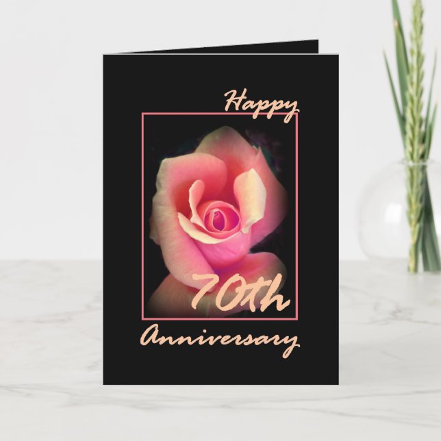 70th Wedding Anniversary Card with Pink Rosebud (Front)