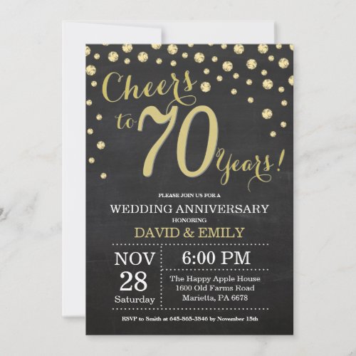 70th Wedding Anniversary Chalkboard Black and Gold Invitation