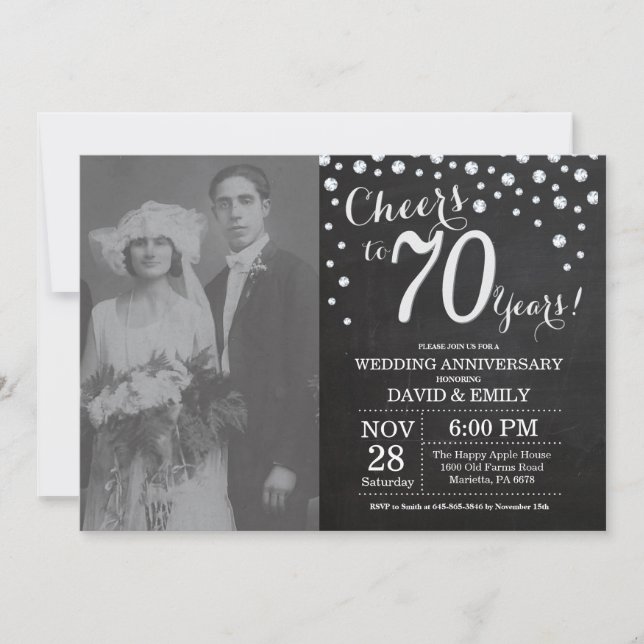 70th Wedding Anniversary Chalkboard Black Silver Invitation (Front)
