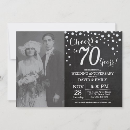 70th Wedding Anniversary Chalkboard Black Silver Invitation