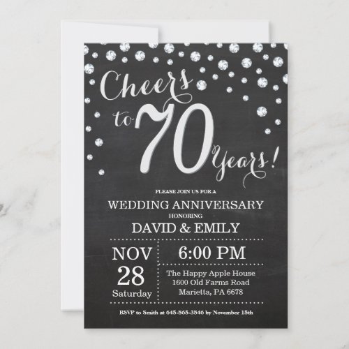 70th Wedding Anniversary Chalkboard Black Silver Invitation