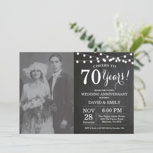 70th Wedding Anniversary Chalkboard Photo Invitation | Zazzle