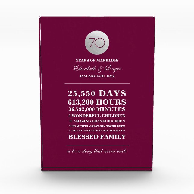 70th Wedding Anniversary Custom Gift Plaque (Front)