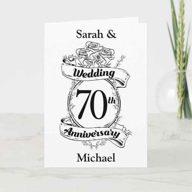 70th Wedding Anniversary Flowers Black and white Card (Front)