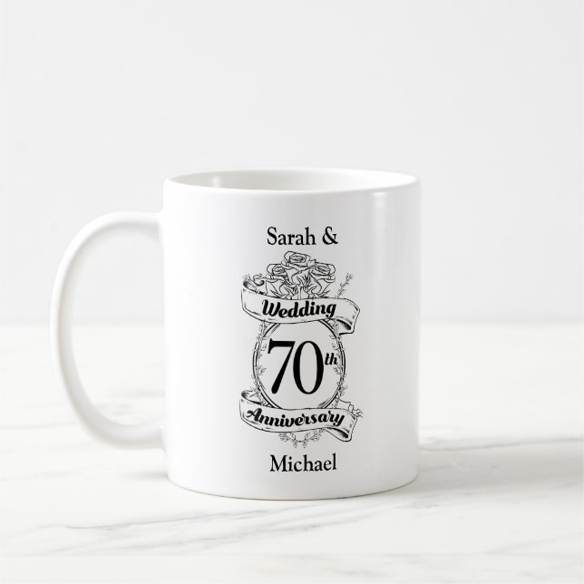 70th Wedding Anniversary Flowers Black and white Coffee Mug (Left)