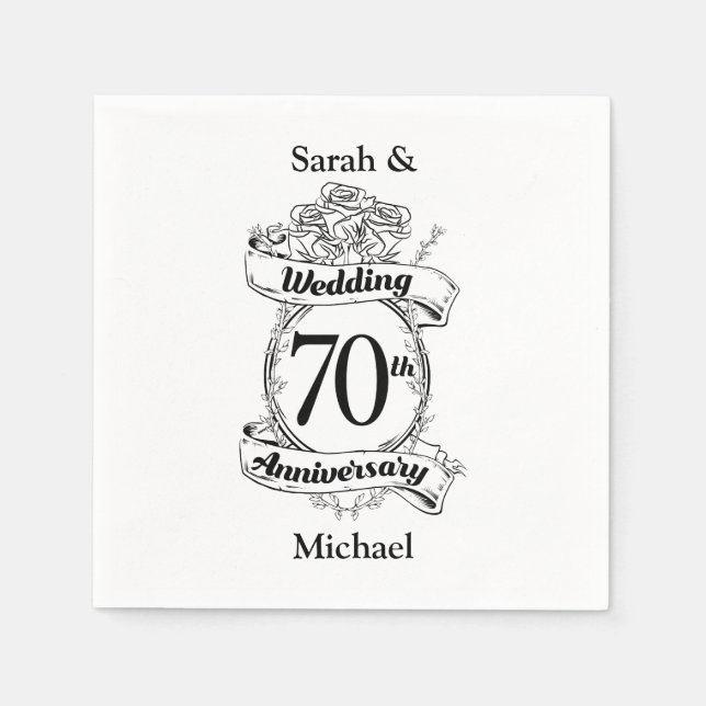 70th Wedding Anniversary Flowers Black and white Napkins (Front)