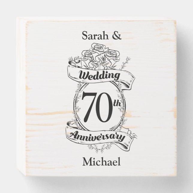 70th Wedding Anniversary Flowers Black and white Wooden Box Sign (Front Horizontal)