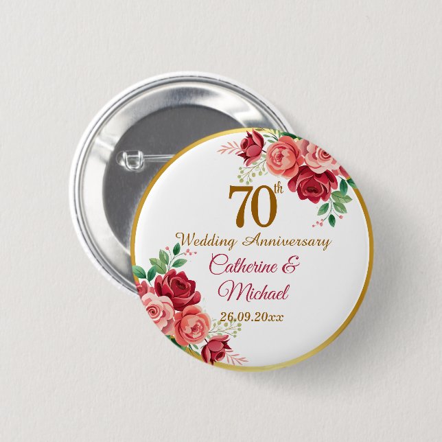 70th Wedding Anniversary Gold Frame Floral Button (Front & Back)