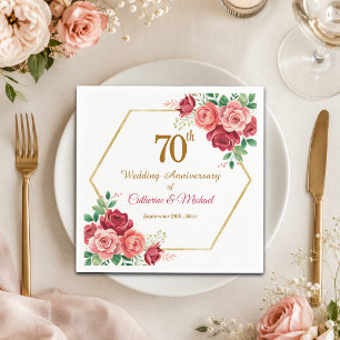 70th Wedding Anniversary Gold Frame Floral Napkins