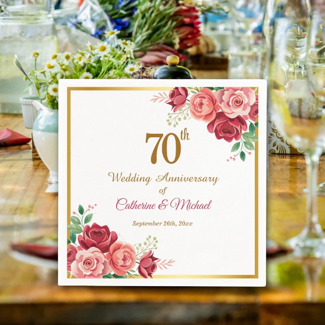 70th Wedding Anniversary Gold Frame Floral Napkins (Creator Uploaded)