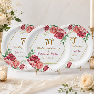 70th Wedding Anniversary Gold Frame Floral Paper Plates