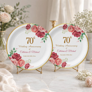 70th Wedding Anniversary Gold Frame Floral Paper Plates