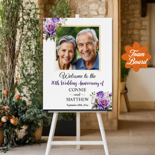 70th Wedding Anniversary Gold Frame Purple Roses Foam Board