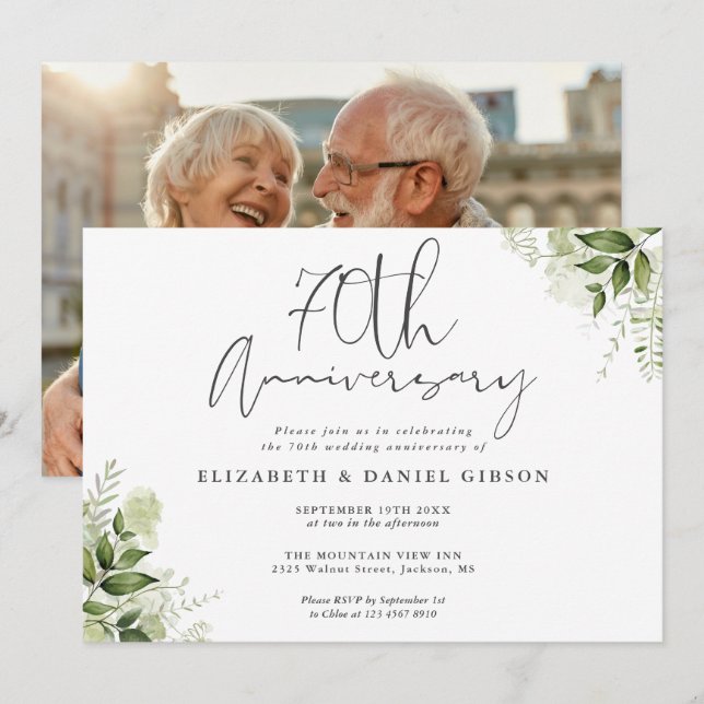 70th Wedding Anniversary Greenery Floral Photo Invitation (Front/Back)
