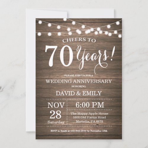70th Wedding Anniversary Invitation Rustic Wood