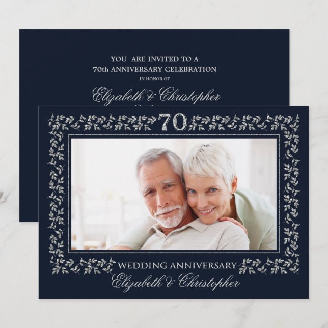 70th Wedding Anniversary Navy Blue Silver Photo Invitation (Front/Back)
