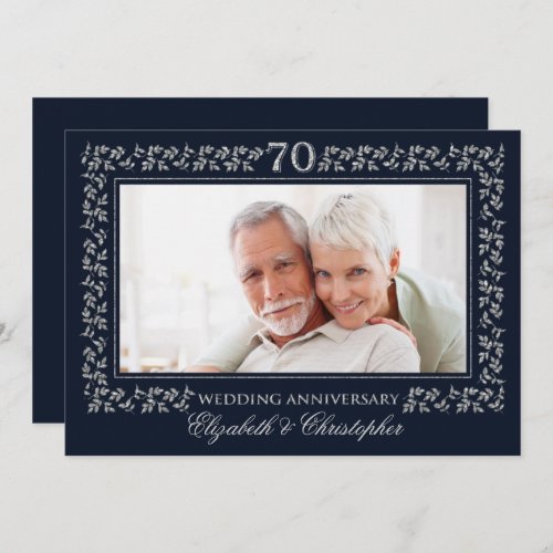 70th Wedding Anniversary Navy Blue Silver Photo Invitation