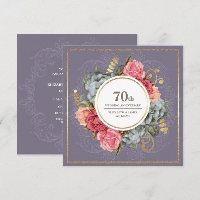 70th Wedding Anniversary Party Vintage Floral Invitation (Front/Back)