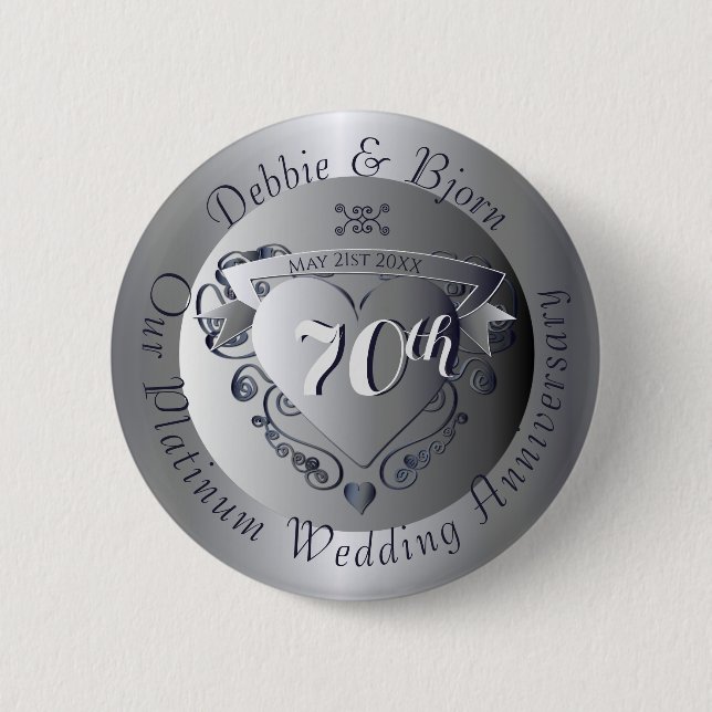 70th Wedding Anniversary Platinum Heart Button (Front)