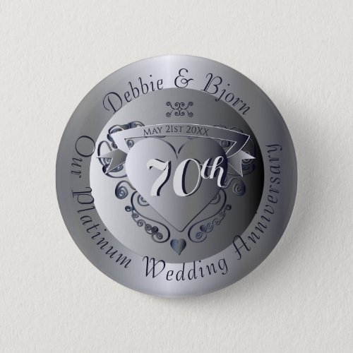 70th Wedding Anniversary Platinum Heart Button