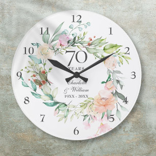 70th Wedding Anniversary Roses Floral Large Clock