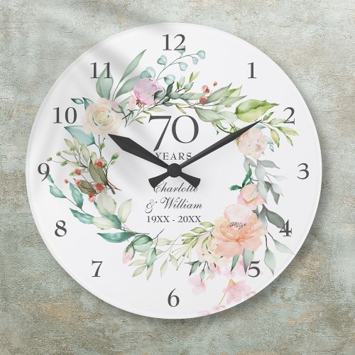 70th Wedding Anniversary Roses Floral Large Clock