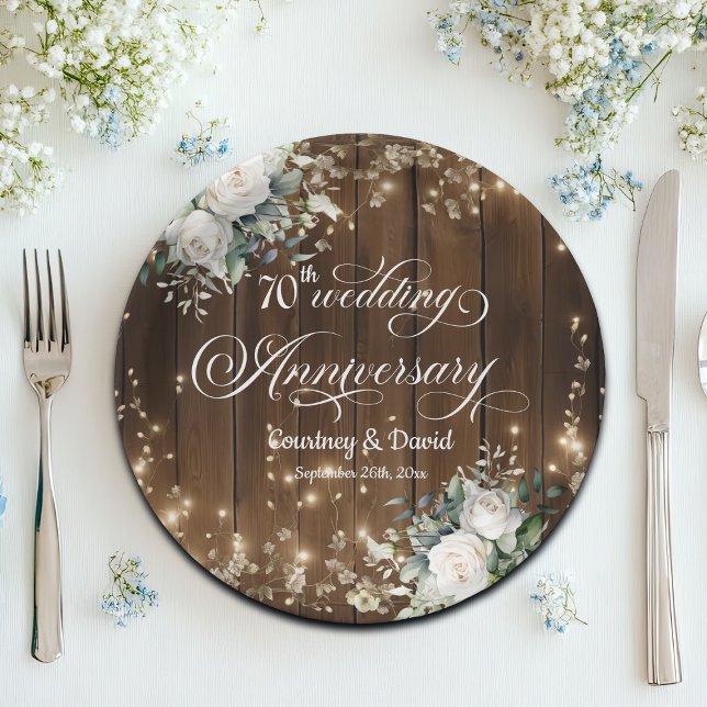 70th Wedding Anniversary Rustic String Lights  Paper Plates (Creator Uploaded)