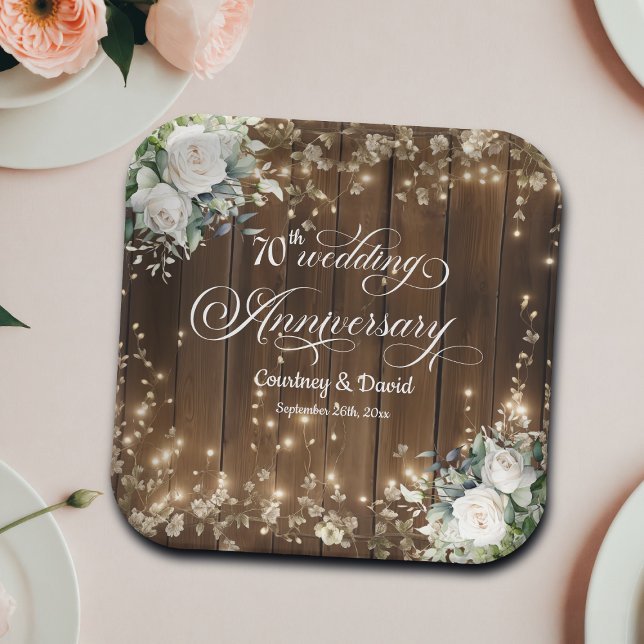 70th Wedding Anniversary Rustic String Lights  Paper Plates (Creator Uploaded)