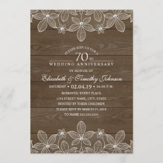 70th Wedding Anniversary Rustic Wood Country Lace Invitation