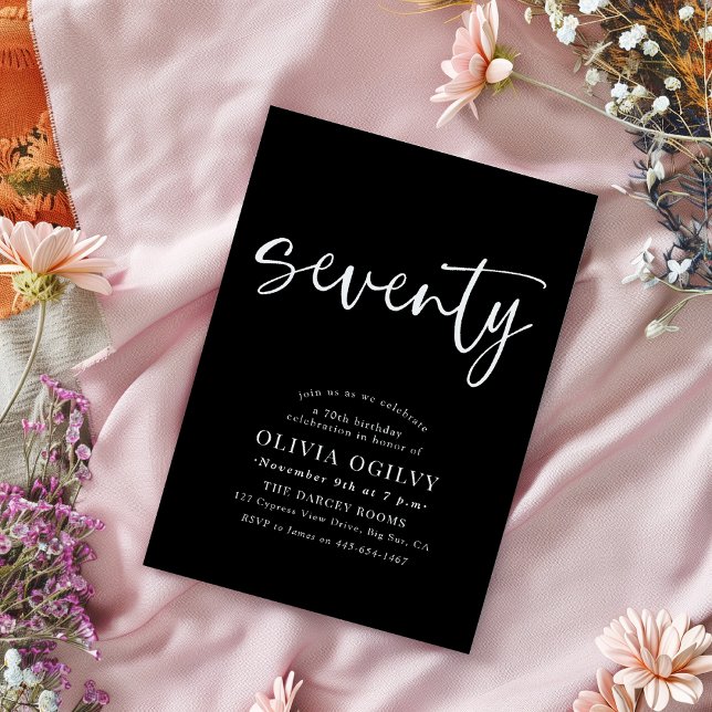 70th White on Black Birthday Party Modern Script Invitation (Creator Uploaded)