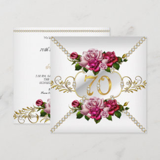 70th Women's Birthday Party Pink Roses White Gold Invitation