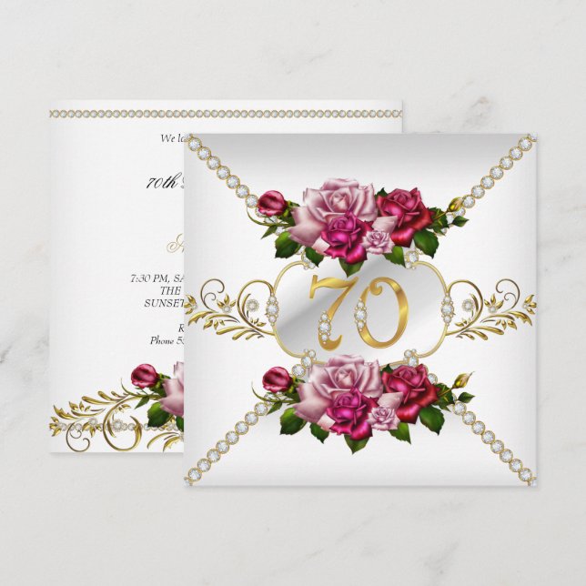 70th Women's Birthday Party Pink Roses White Gold  Invitation (Front/Back)