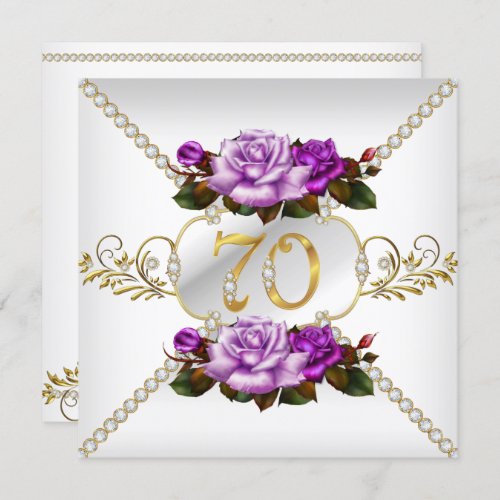 70th Womens Birthday Party Purple Rose White Gold Invitation
